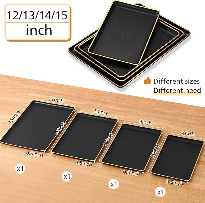 Rtteri Set of 4 Large Serving Platter Set 15/14/13/12 Inch Heavy Plastic Serving Trays Unbreakable Rectangular Platter Reusable Wood Grain Tray for Buffet Wedding Christmas Party(Black and Gold)