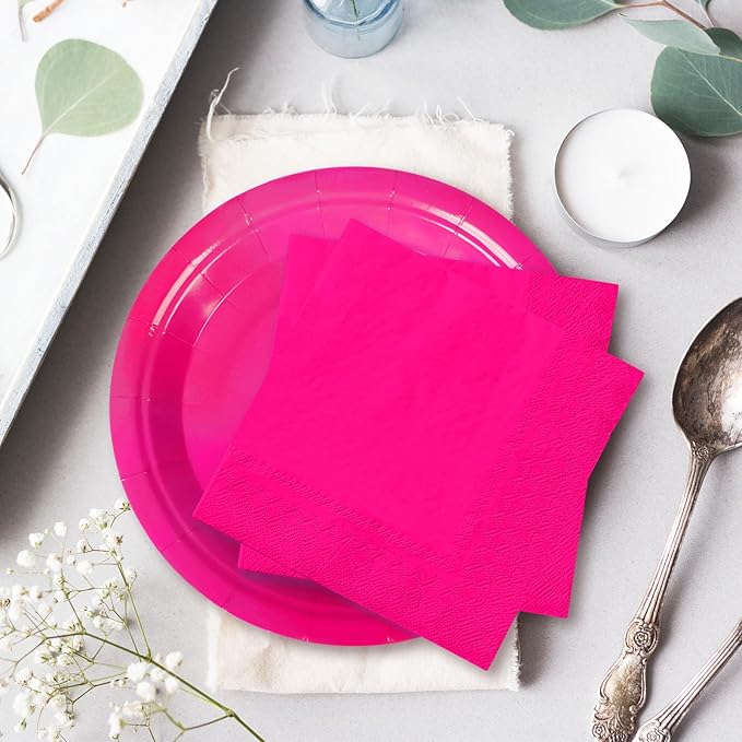 Whaline 100Pcs Hot Pink Pa rty Supplies Set Disposable Party Dinnerware Sets 50Pcs Paper Plates 25Pcs Napkin 25Pcs Cups for Wedding Birthday Party Supplies Table Decorations
