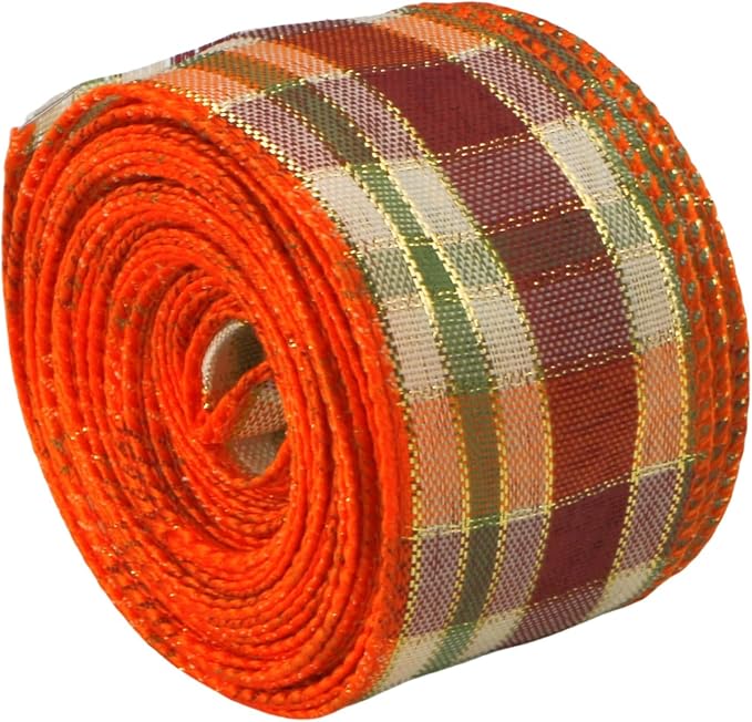 Meseey 1.5 Inch x 10 Yards Orange Green Burgundy White Plaid Wired Ribbon, Fall Tartan Check Wired Edge Ribbon for Wreaths, Bows, Gift Wrapping, Thanksgiving & Halloween Decor(Burgundy/Orange)