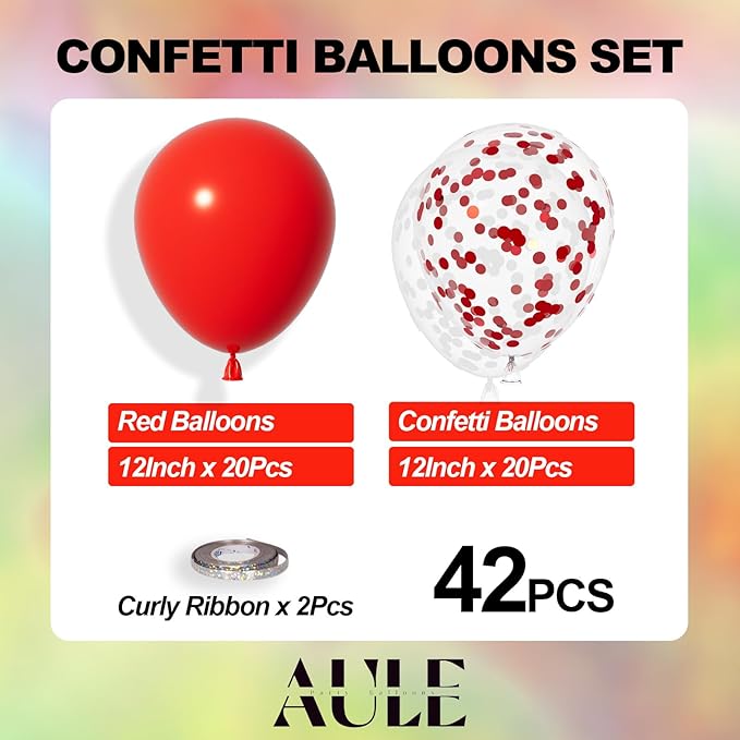 AULE Party Balloons Pack of 42-12in Red Confetti Balloons & Red Latex Balloons and 64ft Ribbons - 12 Inches Balloons Decorations Set