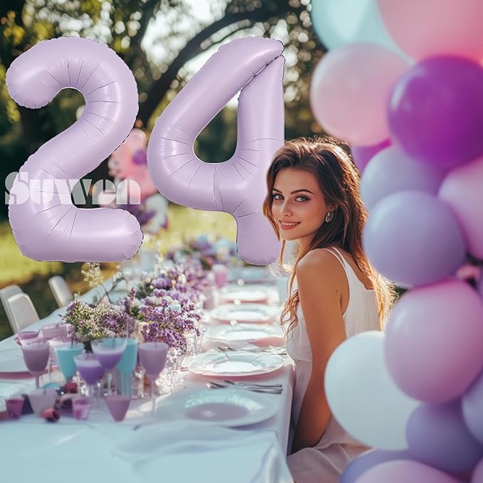 SUWEN 40 Inch Light Purple Large 24 Balloon Number Big Foil Helium Lavender Number Balloons Huge Mylar 0-9 Giant Jumbo Happy 24th Birthday Party Anniversary Decorations