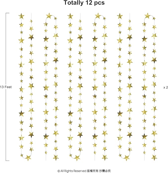 Cheerland 157ft Gold Star Garland Banner 2026 Graduation Decor Star Hanging Banner Twinkle Sparkle Backdrop for Prom Decoration Birthday Party Classroom Wedding Supplies Galaxy (Gold)