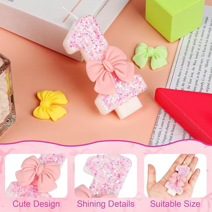 Pink Bow Number 1 Birthday Candle, Glittering Candles 1st Birthday Cake Topper, Princess Themed Party Decor for Girls and Women Anniversary Party Supplies