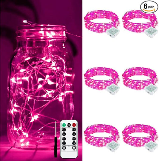 ZGWJ 6 Pack Fairy Lights Battery Operated with Remote, 7ft 20 LED Mini Fairy String Lights with Timer 8 Lighting Modes Waterproof for Halloween Christmas Tree DIY, Parties, Bedroom Decorations Pink