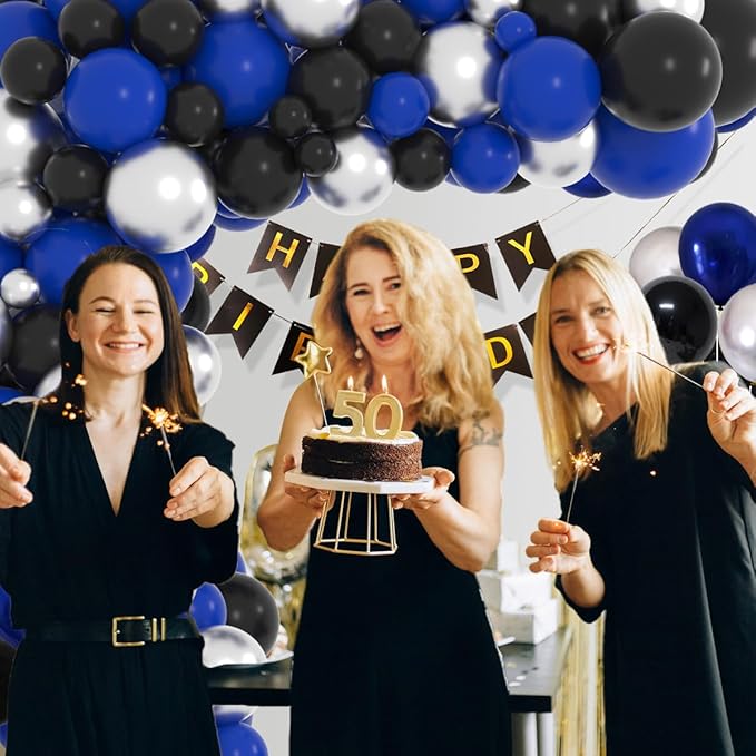 Dark Blue, Navy Blue Black Silver Balloon Garland Kit - Dark Royal Blue Black Balloons Metallic Silver Balloons for Men 30th 40th 50th Birthday Video Game Graduation Retirement Party Decorations