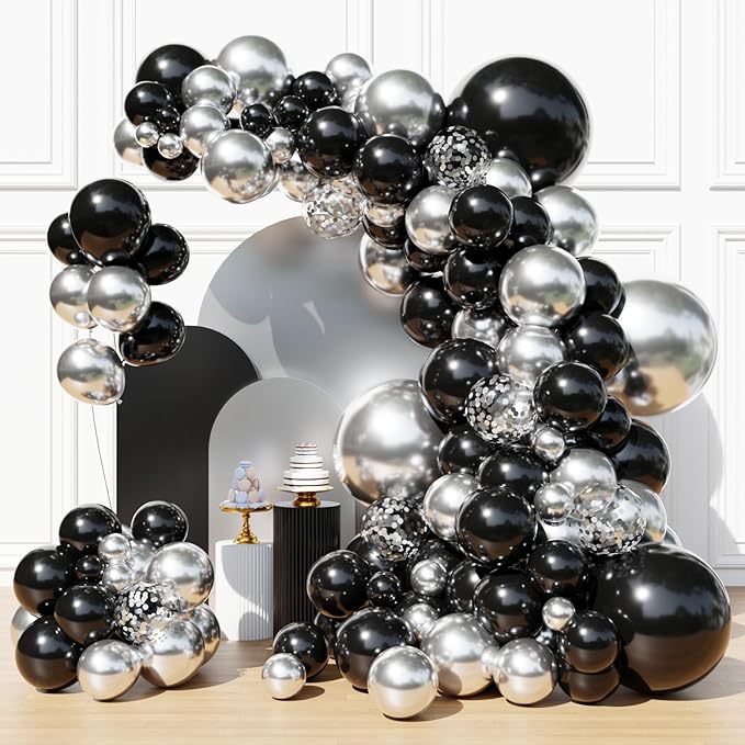 Black and Silver Balloons Garland Arch Kit, Black Silver Balloons for Birthday, Wedding, Graduation, Anniversary Decorations