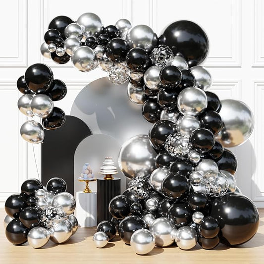 Black and Silver Balloons Garland Arch Kit, Black Silver Balloons for Birthday, Wedding, Graduation, Anniversary Decorations