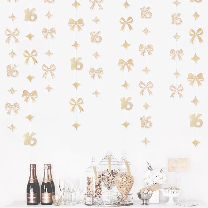 Champagne Gold 16th Bow Birthday Decorations Champagne Conquette Bow Garland Streamer Banner Backdrop for Girls Boys Happy 16th Birthday Sweet Sixteen Cheers to 16 Years Old Anniversary Party Supplies