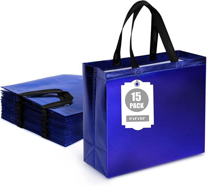 VGOODALL 15 Pack Gift Bags with Handles, 12.6" x 5" x 11" Large Blue Reusable Gift Bags Bulk for Birthday Wedding Party
