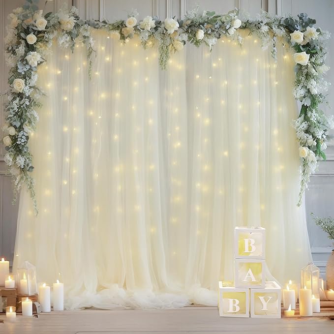 30x8ft Ivory Tulle Backdrop Curtain with Lights String for Parites, Sheer Backdrop Curtains for Wedding Baby Shower Birthday Party Photo Shoot Decorations