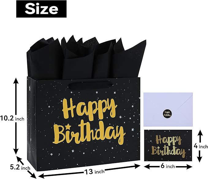 13" Large Black Gift Bag Set with Greeting Card and Tissue Papers (Stars and Gold Foil ‘Happy Birthday’) for Men's or Women's Party, Boys', Girls' or Kids' Birthday Parties, Baby Boy or Girl, 13”x5.2”x10.2”, 1 Pcs.