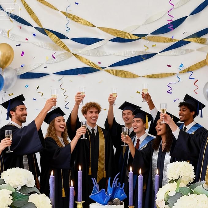 Dqwtb 8 Rolls Navy Blue White Gold Crepe Paper Streamers Royal Blue Party Decorations Streamer Paper Garland for Graduation Birthday Wedding Bridal Shower