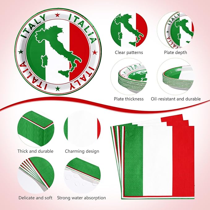 170Pcs Italian Flag Birthday Party Supplies Italy Flag Plates and Napkins Cups Forks Tablecloth Red White Green Tableware Set for Pizza Holiday Family Gathering Dinner Party Decorations Serves 24 ﻿