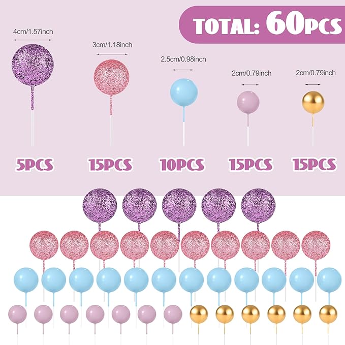 60Pcs Glitter Cake Balls Decorations Foam Cake Topper Balls Mini Balloon Cupcake Toppers for Cake Decorating Birthday Baby Shower Party (Glitter Purple Pink Blue)