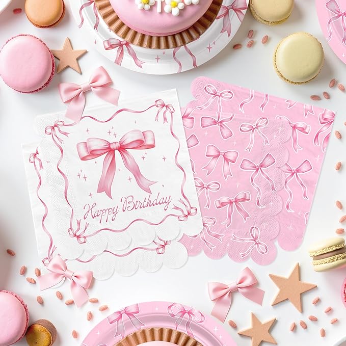 Pink Bow Happy Birthday Decorations Set for 16: Bachelorette Party Supplies Kit with Dinner & Dessert Plates and Napkins - for Women's Tea Birthday Party Decorations