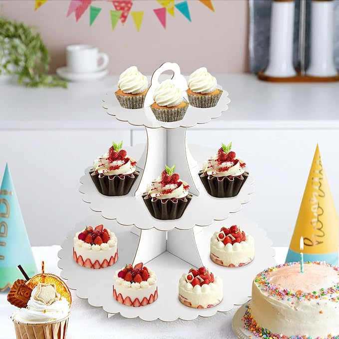 Soleebee 3-Tier Cupcake Stand, Cardboard Cupcake Tower, Dessert Cup Cake Stand Tower for Birthday Wedding Party Decoration, Cupcake Tier Stand 2 Set (White)