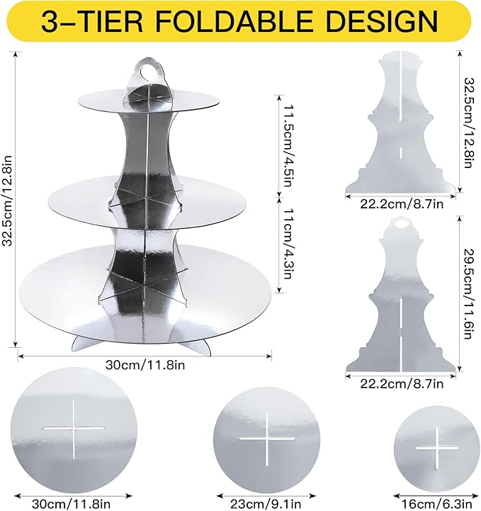 Soleebee 3-Tier Round Cupcake Stand, Cardboard Cupcake Tower, Dessert Cup Cake Stand Tower for Birthday Wedding Party Decoration, Cupcake Tier Stand 2 Set (Silver)