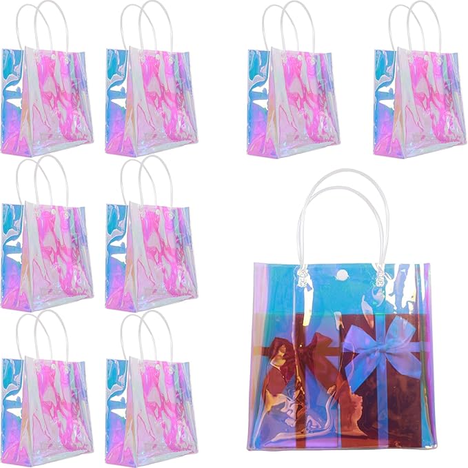 Naisidas 9PCS Holographic Small Gift Bag(7.9"x7.9"x3.1"), Reusable Iridescent Clear Gift Bags with Handles - Ideal As Bridesmaids, Birthday Gift Bags, Christmas Gift Bag, Party Favor Bags