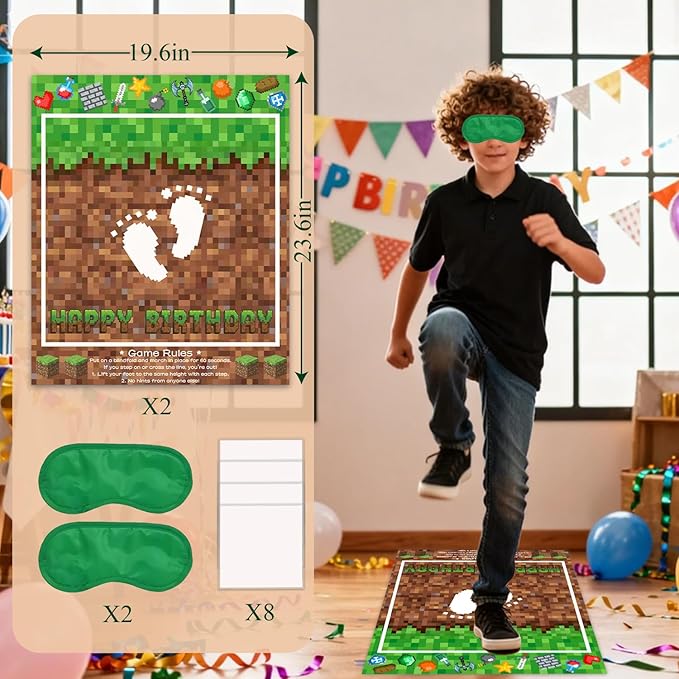 Pixel Birthday Party Games, Blindfold 60-Second Challenge Party Game for Kids Adults, Video Game Indoor Outdoor Group Activity, Minecraft Part Decorations, Funny Game for Birthday, Retirement