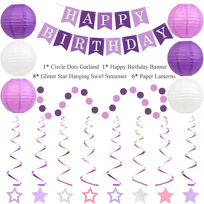Happy Birthday Decorations, Purple Birthday Party Decorations Set with Happy Birthday Banner, Paper Lanterns, Star Swirl Hanging Decorations & Circle Dots Garland