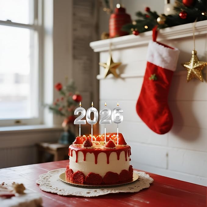 Graduation Candle 2026, 4 Pcs 3D Visual 2025 Silver Number Candles for Graduation Cake Decorations, Class of 2026 Cake Topper, 20, 22, 26, 60, 62 Birthday Candles Happy Birthday Cake Toppers