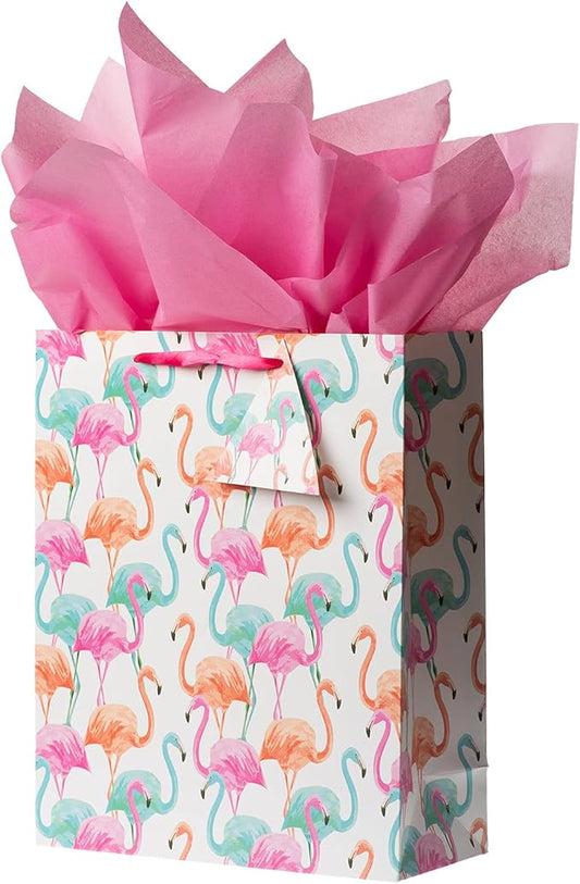 Bobobag 13" Large Gift Bag with Tissue Paper for Birthday gift bags, Wedding bags,Retail bag (Flamingo)