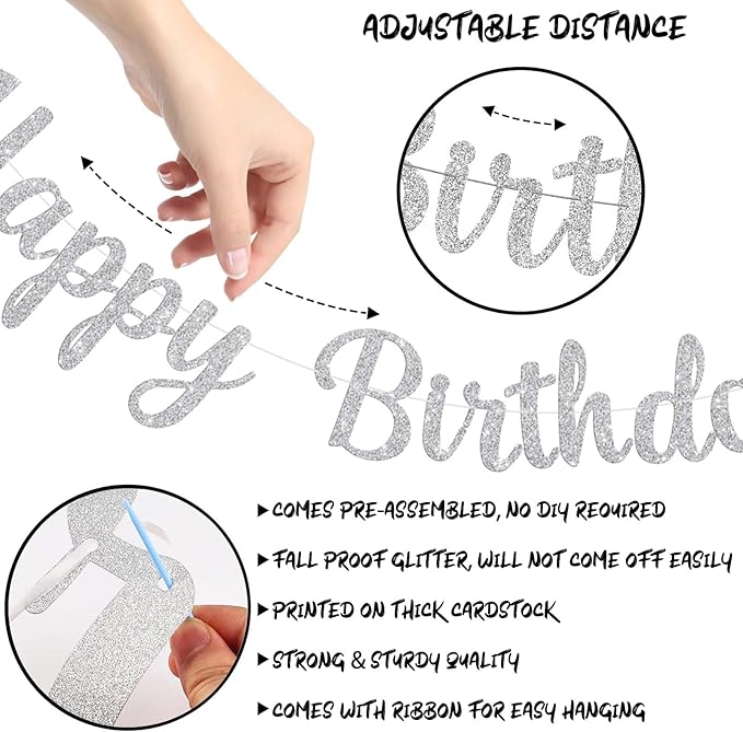 Glitter Happy Birthday Banner Sign, Reusable Birthday Party Garland Decorations, DIY Cake Day Celebration Banners Party Supplies for Women, Men, Boys, Girls (Silver)