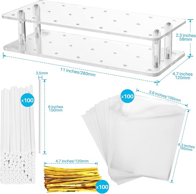 Goabroa Cake Pop Stand, 21 Holes Clear Acrylic Cake Pop Kit with 300 PCS Cake Pop Sticks and Wrappers, Cake Pop Maker for Weddings Birthday Parties Baby Shower Halloween