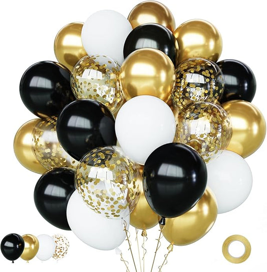 Black Gold Balloons Kit, 60pcs 12 Inch Black White and Gold Confetti Balloons for Graduation Birthday Anniversary Wedding Party Decorations