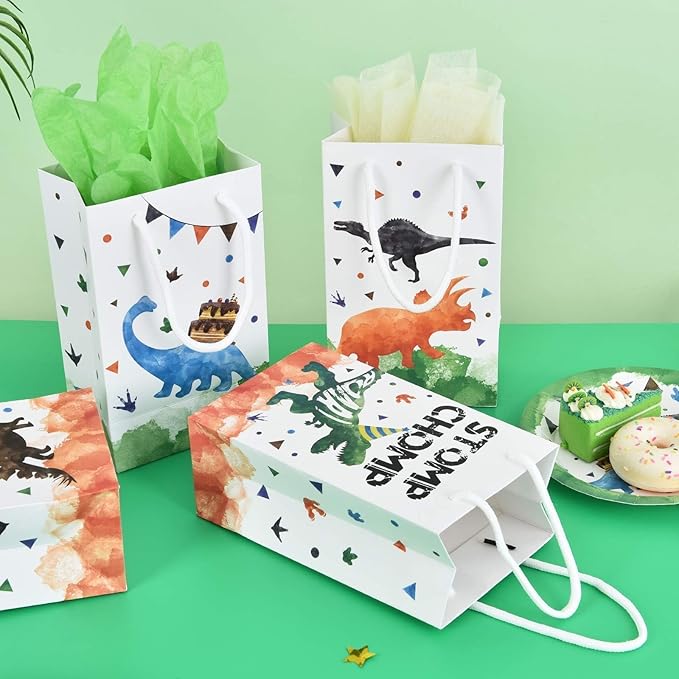 WERNNSAI Watercolor Dinosaur Party Favor Bags - 16 Pack Dinosaur Birthday Party Goodies Bag for Boys Kids Dino Birthday Favors Dino Candy Treat Bag with Handle for Baby Shower Celebration Supply