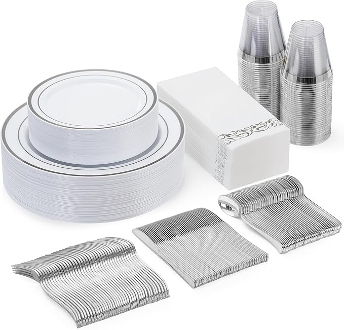 Goodluck 175 Pieces Silver Dinnerware Set for 25 Guests, Plastic Plates Disposable for Party, Include: 25 Silver Dinner Plates, 25 Dessert Plates, 25 Paper Napkins, 25 Cups, 25 Silverware Set