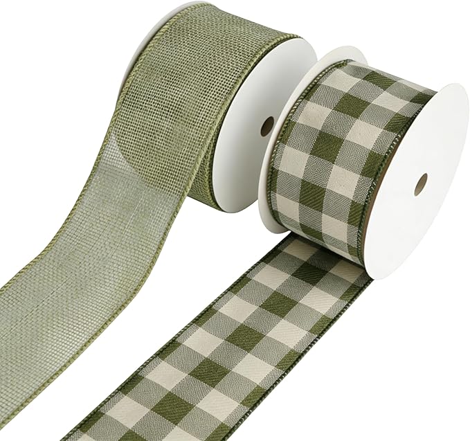 Meseey 2.5 Inch Green Burlap Wired Ribbon Set, 2 Rolls Total 10 Yards Solid Sage Green & Green White Buffalo Check Wired Edge Ribbons for Gift Wrapping, Wreaths, Crafts, Farmhouse Home Decorations