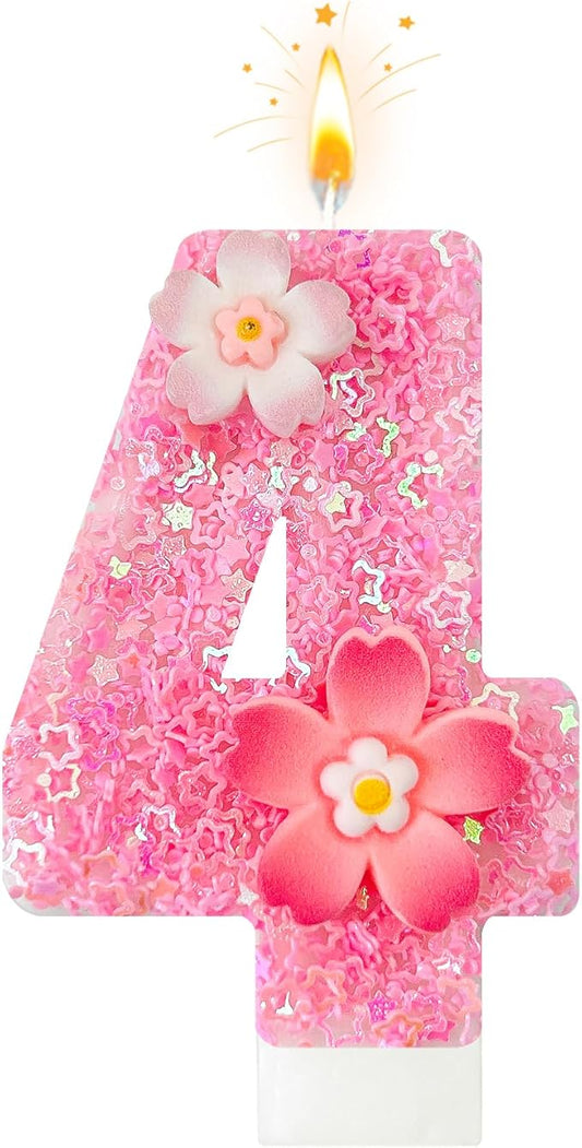 Pink Flower Birthday Candle,Number Birthday Candles for Cake, Ideal Birthday Parties Cake Decor, Wedding Anniversary and Other Celebrations (Number 4, Pink)