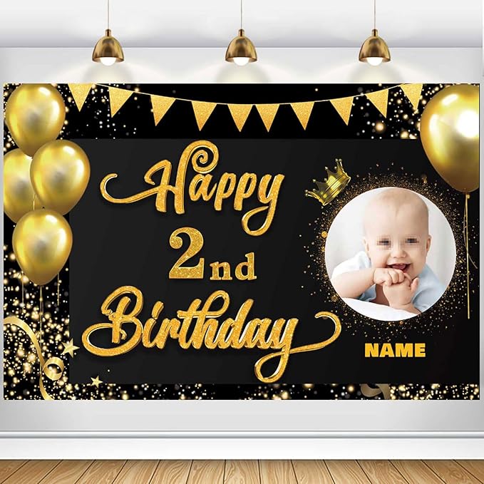 Custom Happy 2nd Birthday Decorations Banner -2 Years Old Backdrop forwomenmen Boys Girls - Personalization Party Supplies Black and Gold, 4x6ft/5x7.5ft/6x9ft/7x10.5ft/8x12ft