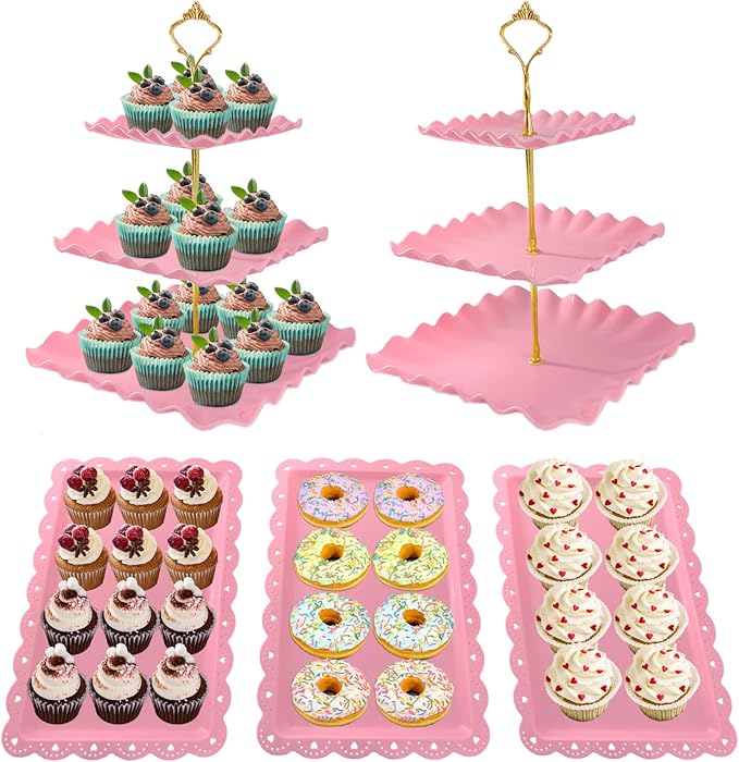 5 Pcs Dessert Table Display Set, Pink Plastic 2 Pcs Square 3 Tier Cupcake Stand Cup Cake Tower Stand with Metal Rod & 3 Pcs Serving Tray for Baby Shower, Tea Party, Wedding, Birthday Party