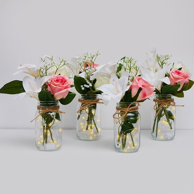 4 Sets Mason Jar with Lights Pink White Flowers Decorative Pink White Centerpieces for Tables Mason Jars Rose Lily Gypsophila Decorations LED Farmhouse Vase for Home Wedding Event Party Decor