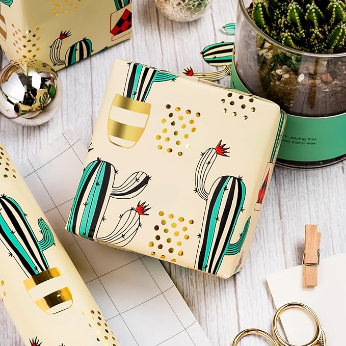 MAYPLUSS Cactus Wrapping Paper Roll - 17Inch X 33Feet - Western Green Cactus Potted Plants Gold foil Design Gift Wrap Thick Paper for Baby Shower, Christmas, Holiday, Birthday, Wedding, Cactus Lover