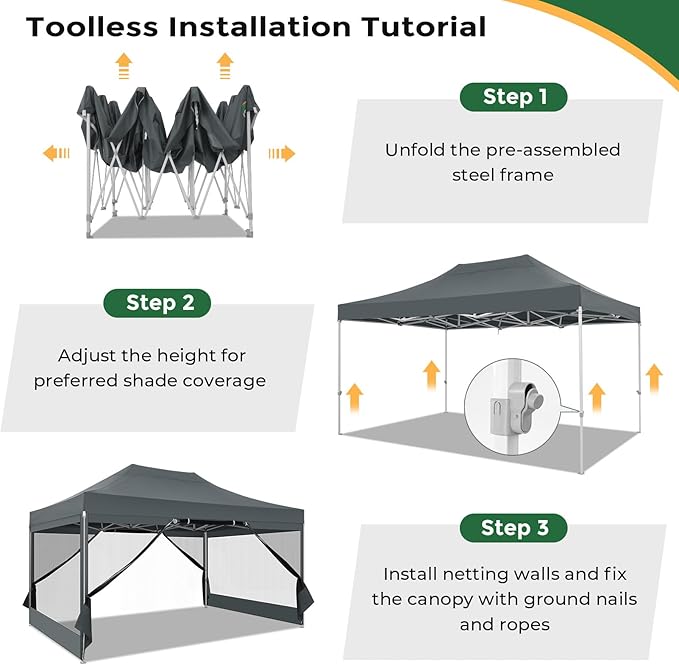COBIZI 10x15 Heavy Duty Pop Up Canopy with 4 Sidewalls, Easy Set Up Outdoor Commercial Canopy with Mosquito Netting Waterproof Instant Screen Tent for Backyard, Patio, Garden, Gray