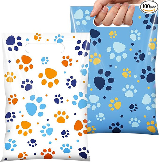 Pasimy 100 Pcs Dog Paw Gift Bags Bulk Pet Paw Puppy Plastic Treat Favor Candy Goodie Bags with Handle for Dog Birthday Party Decoration Supplies (Blue White)