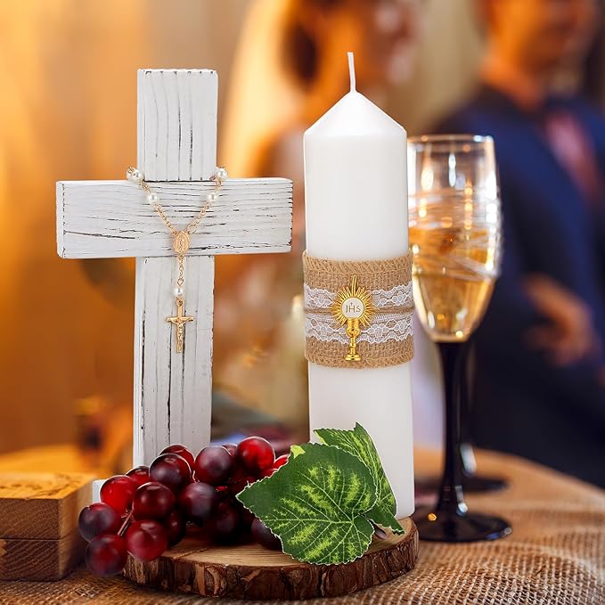 Amyhill 3 Sets Cross Table Decor Baptism Centerpieces Sets Confirmation Candle Standing Cross with Jhs Candles First Communion Table Decor for Wedding Baby Shower Christening Church