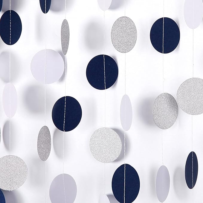 Navy Blue White Silver Paper Garland,52Ft Gender Reveal Hanging Decoration Streamer Banner,Graduation Engagement Christmas Wedding Birthday Party Backdrop Bunting Lasting Surprise