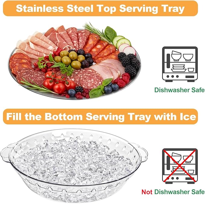 DEAYOU 3 Set 11.8" Chilled Serving Tray for Parties, Round Shrimp Cocktail Serving Dish with Ice Compartment, Ice Serving Bowl Cold Platter for Appetizer, Fruit, Veggie, Salad, Buffet, Keep Food Cold