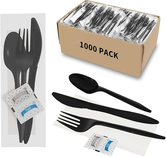Knife Fork Spoon Napkin Salt Pepper Sets, Individually Wrapped Black Plastic Cutlery Packets for Delivery, Cafeterias, Restaurants (1000 Pack)