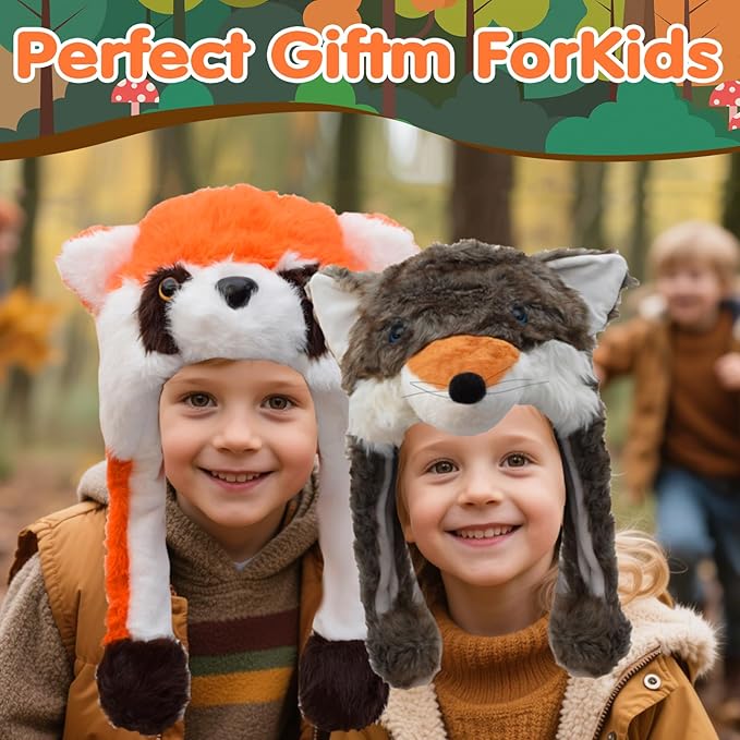 2 Pack Animal Hat Fox and Raccoon Plush Fun Jungle Animal Hats One Size Cap Polyester With Fleece Lining