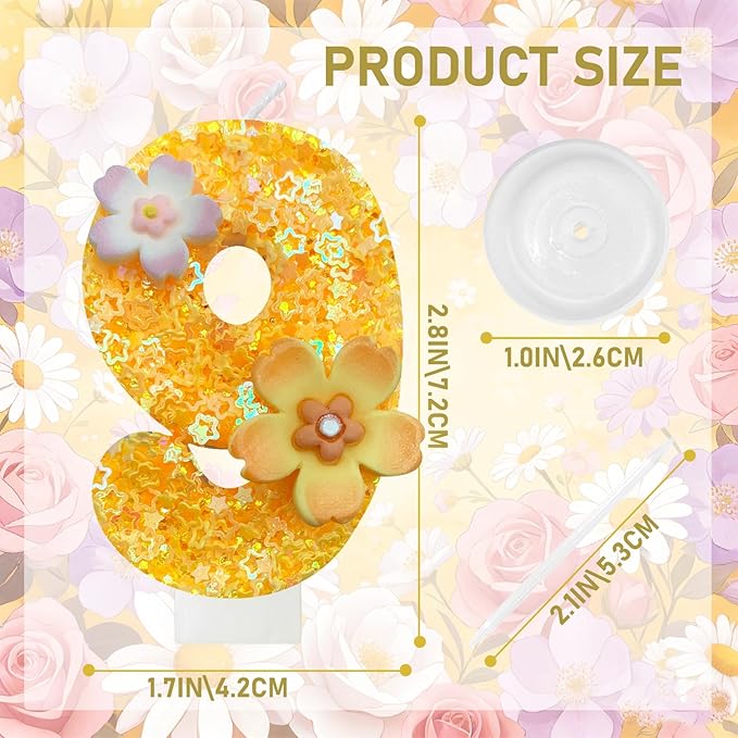 Yellow Birthday Candle, Flower Number Birthday Candles for Cake, Ideal Birthday Parties Cake Decor, Wedding Anniversary and Other Celebrations (9 Candle, Yellow)