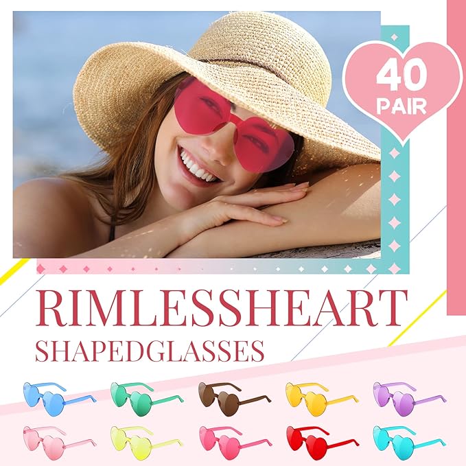 40 Pairs Heart Sunglasses Rimless Transparent Heart Shaped Glasses Candy Color Party Favor for Women Men Decoration