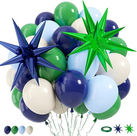 Blue and Green Balloons, 12 Inch Green Navy Blue Sand White Latex Party Balloon with Star Foil Balloons for Men Golf Theme Birthday Jungle Safari Baby Shower Rustic Navy Woodland Decorations