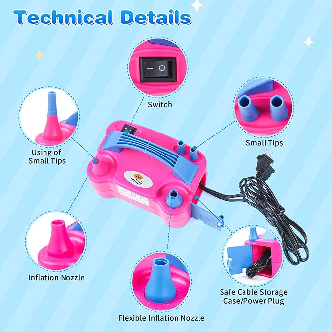 Balloon Pump Electric Portable Dual Nozzle Air Pump for Balloons Blower Pump Inflator for Decoration, Birthday Party [110V~120V, 600W, Bright Pink]