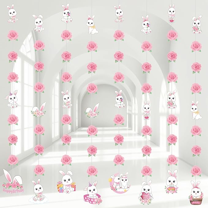 Daifunli 8 Pcs Bunny Birthday Party Decorations Some Bunny is One Birthday Hanging Garlands Banner Pink Rose White Rabbit Paper Cutouts Streamer for Girls Wall Ceiling Decor Rabbit Party Supplies
