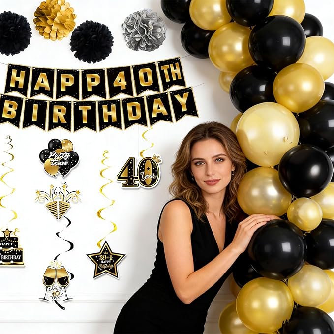 40th Birthday Decorations, Pre-Strung Happy Birthday Banner with Balloons, Backdrop, Honeycomb Centerpieces, Hanging Swirl Streamers, Black Gold Happy Birthday Party Decorations for Men Women